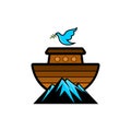 Logo Noah`s ark on top of the mountain. Dove with a branch of olive. Ship to rescue animals and people from the Flood.