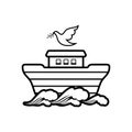 Logo Noah`s ark on top of the mountain. Dove with a branch of olive. Ship to rescue animals and people from the Flood.