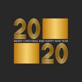 Logo 2020 number of gold color from many thin lines linear design, with merry christmas and happy new year text slogan for