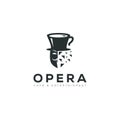 Logo opera cafe and entertainment, with the mask broke and hat mug vector