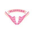 Logo of a pair of pink fluffy slippers for women. Cute home shoes vector clipart and drawing.