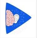 Logo podcast radio broadcast. Brain ear blue play button background