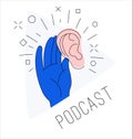 Logo podcast radio broadcast. Hand ear hear gesture play button