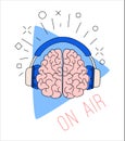 Logo podcast radio broadcast. Human brain headphones play button background