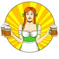 Logo Pop art Germany Girl waitress carries five beer glasses, oktoberfest. Comic style imitation. Banner, poster or