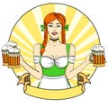 Logo Pop art Germany Girl waitress carries five beer glasses, oktoberfest. Comic style imitation. Banner, poster or Royalty Free Stock Photo