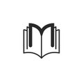 Logo printing house or educational encyclopedia Open book with outline letters M, black and white magazine symbol or school