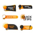 Logo quick tips. Yellow lightbulb icon with quicks tip text. Lamp of advice idea quickly solutions advices trick mark, helpful