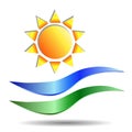 Logo with a realistic image of the sun and waves symbolizing water and earth. Vector EPS10 Royalty Free Stock Photo