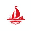 logo of red Brig with scarlet sails among sea waves on white background