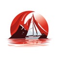 logo of red Brig with scarlet sails among sea waves on white background