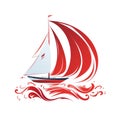 logo of red Brig with scarlet sails among sea waves on white background