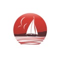 logo of red Brig with scarlet sails among sea waves on white background