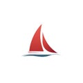 logo of red Brig with scarlet sails among sea waves on white background