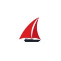 logo of red Brig with scarlet sails among sea waves on white background