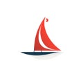 logo of red Brig with scarlet sails among sea waves on white background