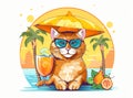 logo red cat in blue glasses under an umbrella, palm trees, seashore