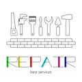 Logo of Repair Home with colorful lettering on the white background. Set of remodeling tools and brick wall. Royalty Free Stock Photo