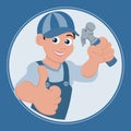 Logo, repair, young cheerful man in a work uniform with a hammer. Icon, illustration Royalty Free Stock Photo