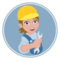 Logo repair, a young cheerful man in a work uniform with a wrench. Icon, illustration Royalty Free Stock Photo