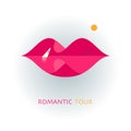 Logo of the romantic tour. Beautiful female lips. A creative sign for traveling. Concept with mountains, lake and sun.