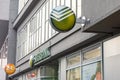 The logo of the Russian Sberbank bank in Ostrava, Czech Republic above the entrance of one of its branch offices abroad