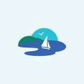 Logo of a Sailboat Sailing on Water towards Green Land and Blue Sky