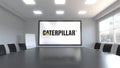 Caterpillar Inc. logo on the screen in a meeting room. Editorial 3D rendering