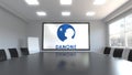 Danone logo on the screen in a meeting room. Editorial 3D rendering