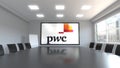 PricewaterhouseCoopers PwC logo on the screen in a meeting room. Editorial 3D rendering