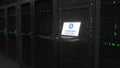 Laptop with the logo of CHINA MOBILE on the screen in a server room. Conceptual editorial 3d rendering Royalty Free Stock Photo