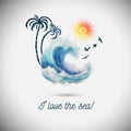Logo sea palm trees and sun . hand drawing. Not AI. Vector illustration Royalty Free Stock Photo