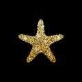 Logo of the sea star. Silhouette of a marine animal of the glittery powder on a black background. Gold star