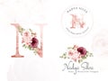 Logo set of brown and burgundy watercolor floral for initial N, round, and horizontal. Premade flowers badge, monogram for