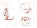 Logo set of brown watercolor floral for initial L, round, and horizontal. Premade flowers badge, monogram for branding design