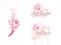 Logo set of watercolor flowers for initial J of soft floral, leaves, brush stroke, and gold glitter. Premade botanic badge,