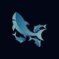 Silhouette of a fish shark in blue surrounded by small sharks on a black background. Design for logo, decor, pictures, oceanarium Royalty Free Stock Photo