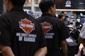 Logo sign of Harley Davidson on the back shirt of seller at Thailand International Motor Expo 2019