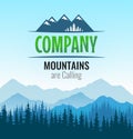 Logo with silhouette forest and mountains of Scandinavian outdoor Tourism