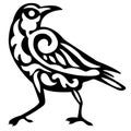 Logo silhouette of a raven bird in black with a curl pattern inside white