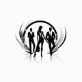 Logo silhouettes of two men in suits and a woman in a circle white background. Celebrating Black History Month