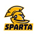 Logo Spartan. Ancient warrior. Helmet, coat, face in profile. Lettering. Vector illustration. Flat style