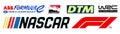 Logo of sport cars. Formula 1, F1, Formula E, Nascar, DTM, Indycar, WRC FIA World Rally Championship. Kyiv, Ukr - Mar 21, 2023