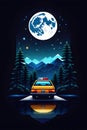 A logo style of a night driving trip with a beautiful nature view, forest, mountain, moon, car, black background, t-shirt design Royalty Free Stock Photo