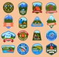 Logo summer tourism vector illustration set, cartoon flat tourist camping and sport outdoor activity stickers or stamps