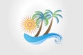 Logo summer tropical palm trees sun and waves watercolor Royalty Free Stock Photo