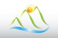 Logo sun and green mountains icon web vector design