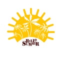 Logo sun and palm trees. Hello summer. hand drawing. Not AI. Vector illustration Royalty Free Stock Photo