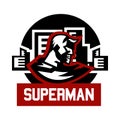 Logo superman. Superhero costume, cape, town. Vector illustration. Flat style