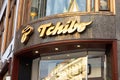 The logo of Tchibo company at storefront which sells world-known coffee